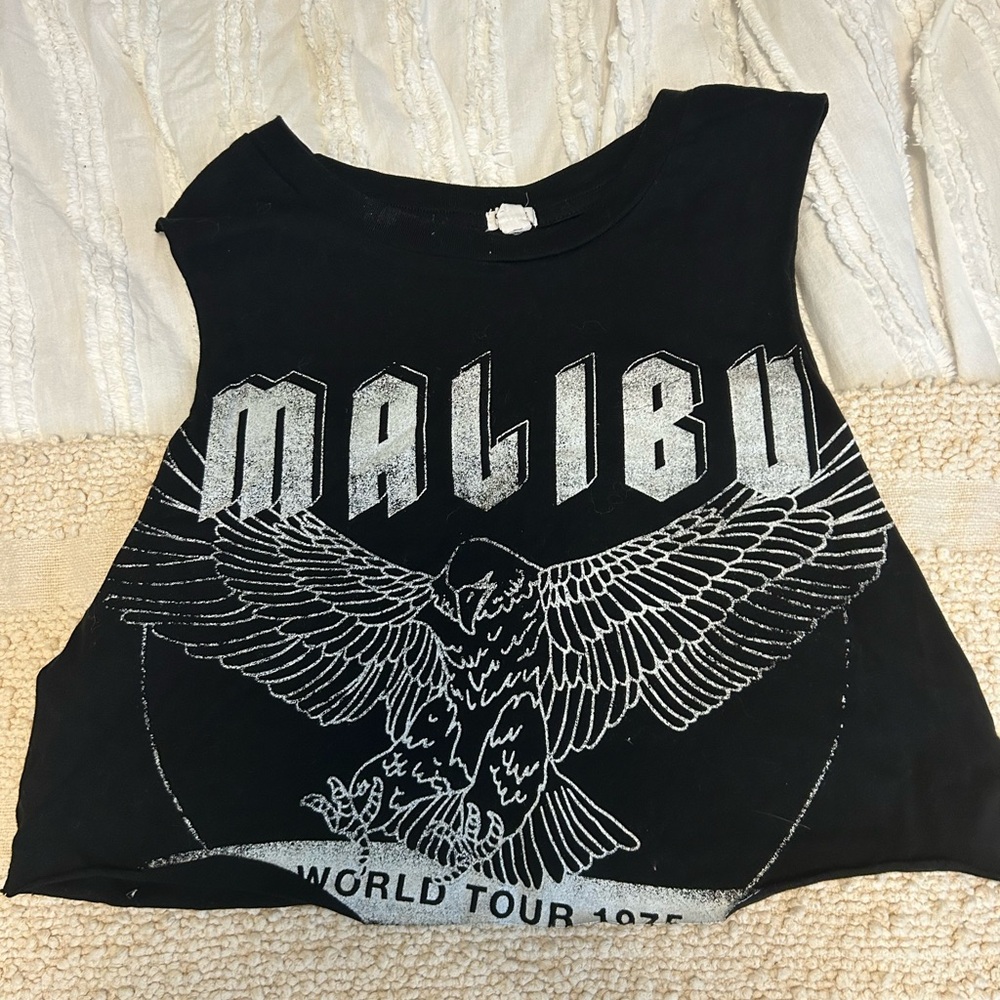 Garage Black Graphic Crop Tank with Silver Nail Accent